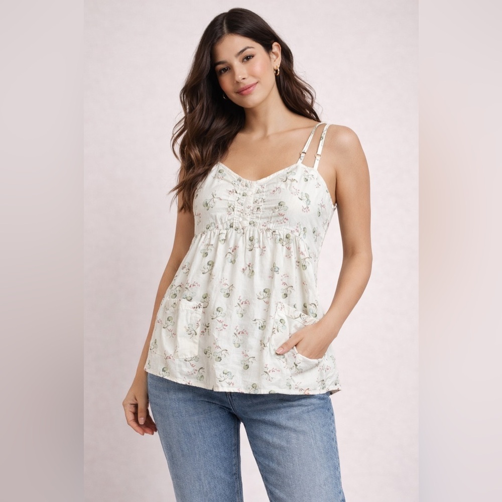 Anthropologie Spaghetti Strap Top with Pockets Medium Linen Camisole Smocked